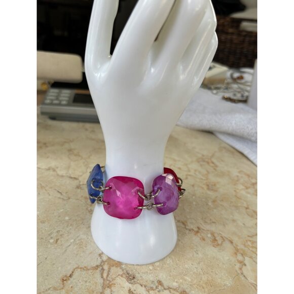 Faceted Multicolor Acrylic Square Stone Bracelet With Silver-Tone Chain Links Ad - Picture 1 of 9